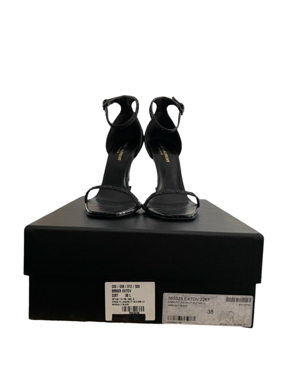 Saint Laurent Women’s Nero Glitter Black Lacquer Opyum 110 Open Toe Heel Size 38 - Picture 9 of 12